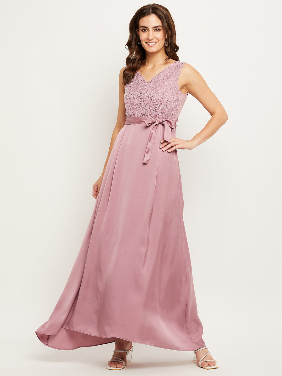 Pink Heavy Embroidered Pink Gown by HER CLOSET for rent online | FLYROBE
